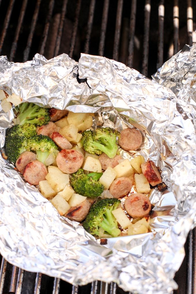 These Chicken Sausage, Potato & Broccoli Foil Packets are perfect for a quick dinner on the grill or while camping!