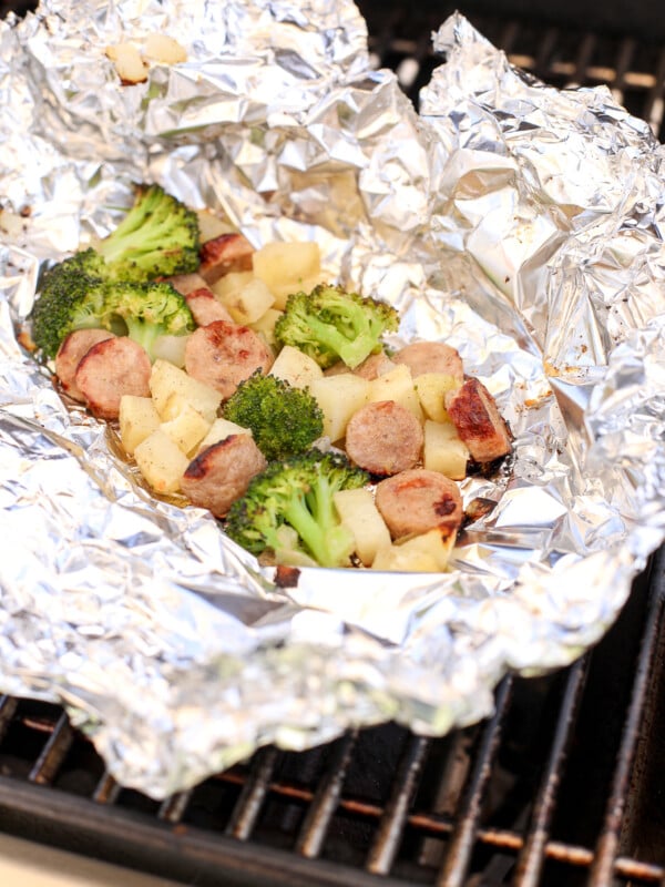 These Chicken Sausage, Potato & Broccoli Foil Packets are perfect for a quick dinner on the grill or while camping!