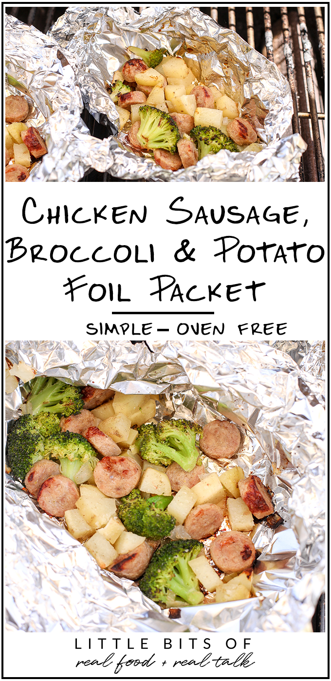 These Chicken Sausage, Potato & Broccoli Foil Packets are perfect for a quick dinner on the grill or while camping!