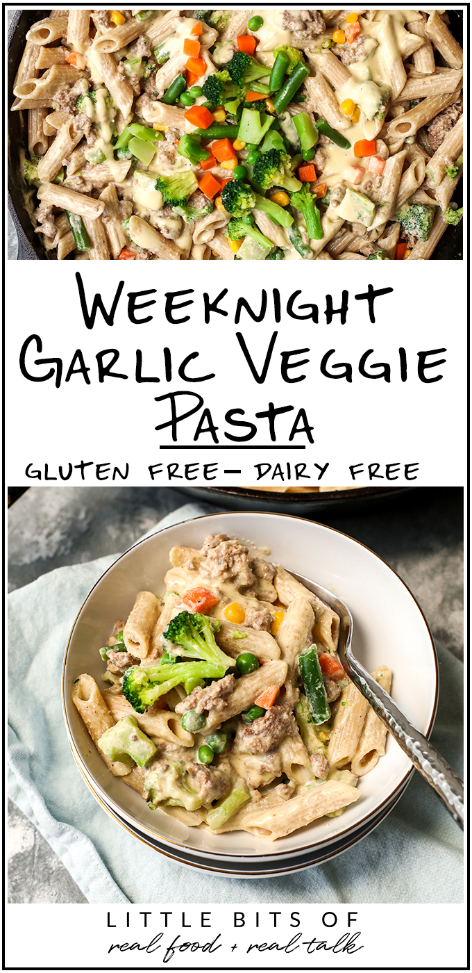 Weeknight Garlic Veggie Pasta is my go-to recipe for a quick and nutritious weeknight dinner that is gluten free and dairy free!