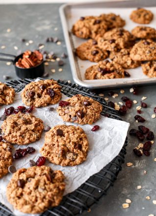 These All the things oatmeal cookies are gluten free, dairy free and packed with pecans, dried cranberries and chocolate chips!