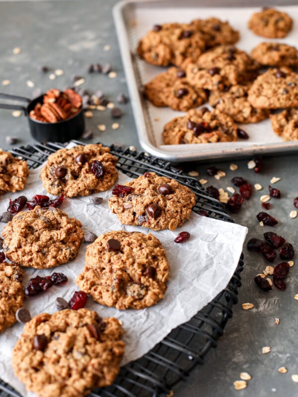 These All the things oatmeal cookies are gluten free, dairy free and packed with pecans, dried cranberries and chocolate chips!