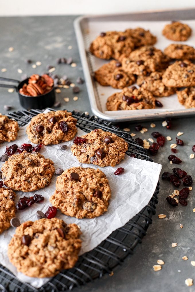These All the things oatmeal cookies are gluten free, dairy free and packed with pecans, dried cranberries and chocolate chips!