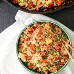 This Bacon Pineapple Veggie Fried Rice is half rice and half cauliflower rice making it packed with veggies and flavor!