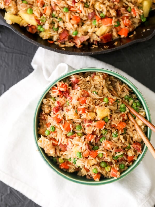 This Bacon Pineapple Veggie Fried Rice is half rice and half cauliflower rice making it packed with veggies and flavor!