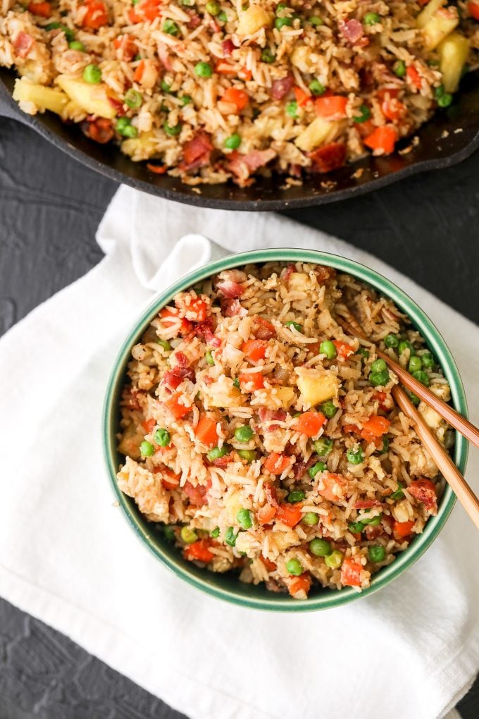 This Bacon Pineapple Veggie Fried Rice is half rice and half cauliflower rice making it packed with veggies and flavor!