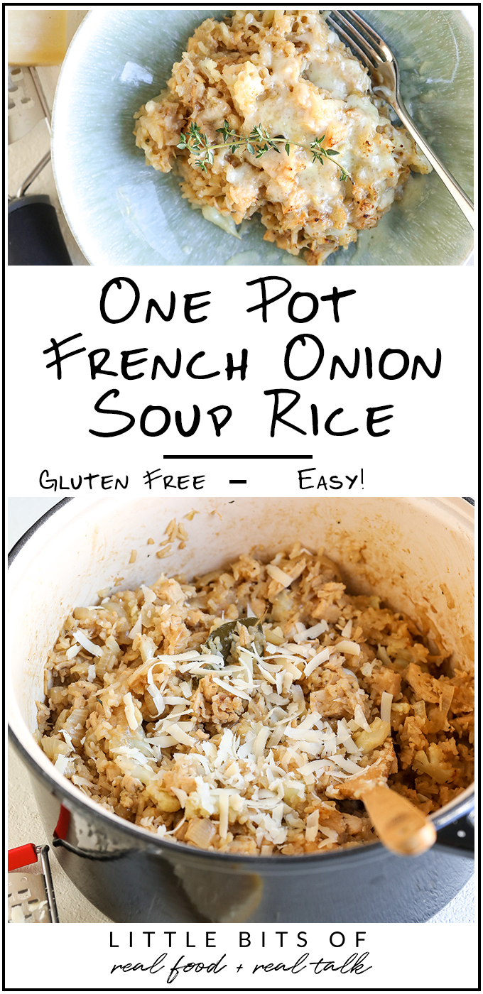 This One Pot French Onion Soup Rice is a healthy, gluten free, one dish dinner that the whole family will love!