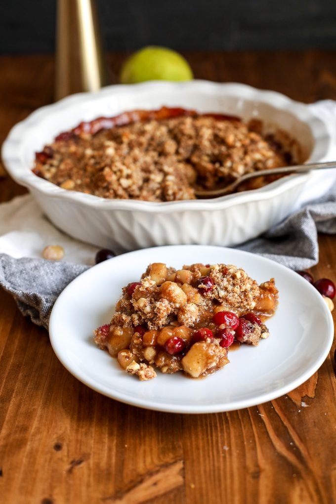 This Pear Cranberry & Hazelnut Crumble is a healthier crumble option using whole wheat flour, almond flour and coconut sugar!