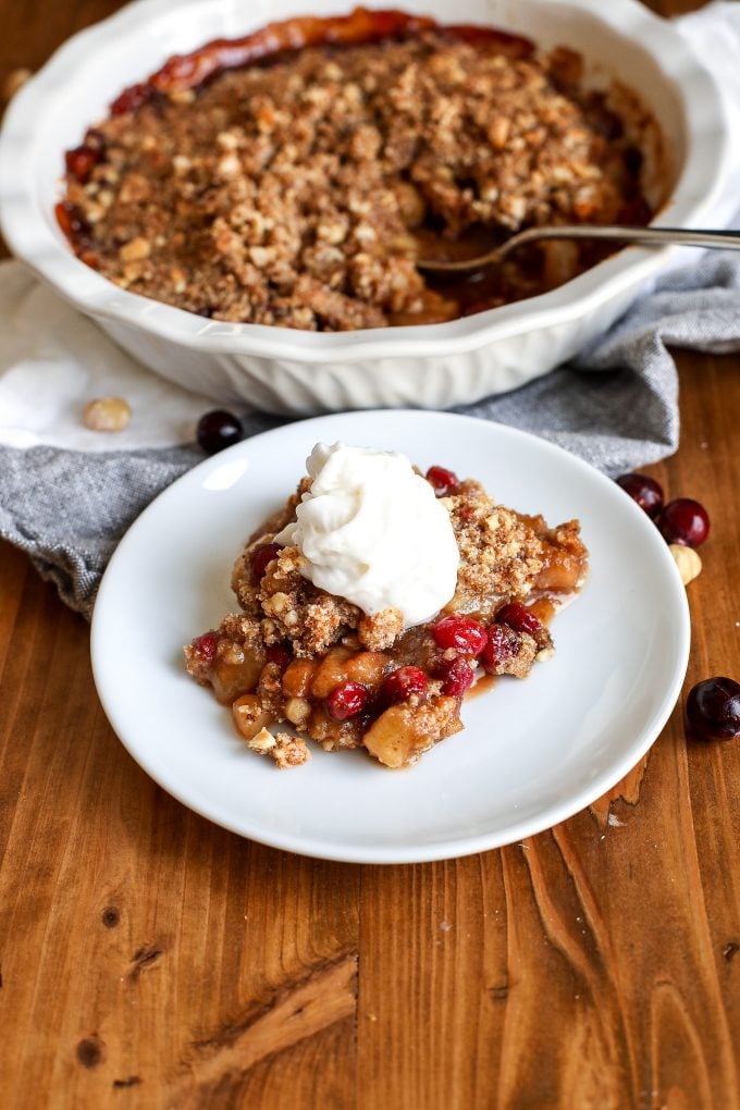 This Pear Cranberry & Hazelnut Crumble is a healthier crumble option using whole wheat flour, almond flour and coconut sugar!