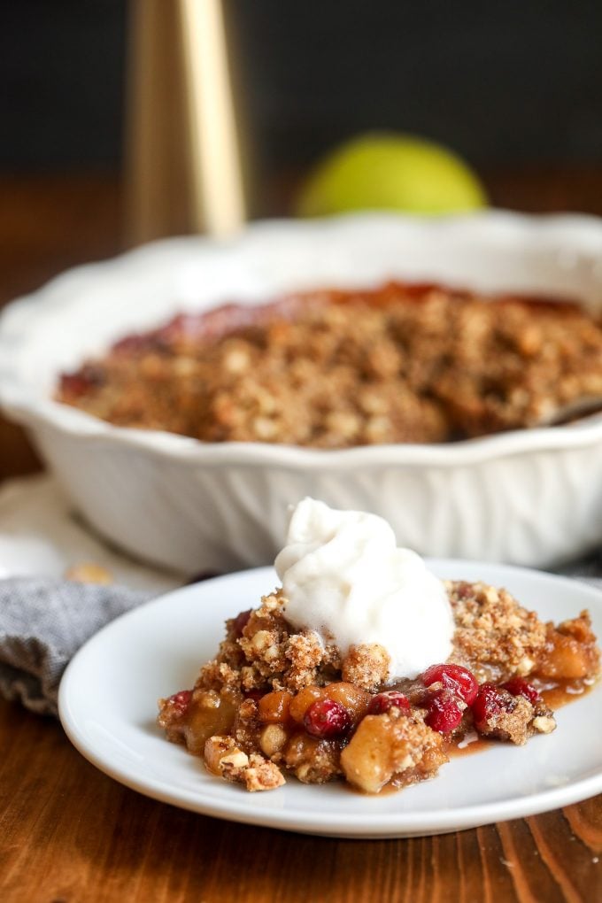 This Pear Cranberry & Hazelnut Crumble is a healthier crumble option using whole wheat flour, almond flour and coconut sugar!
