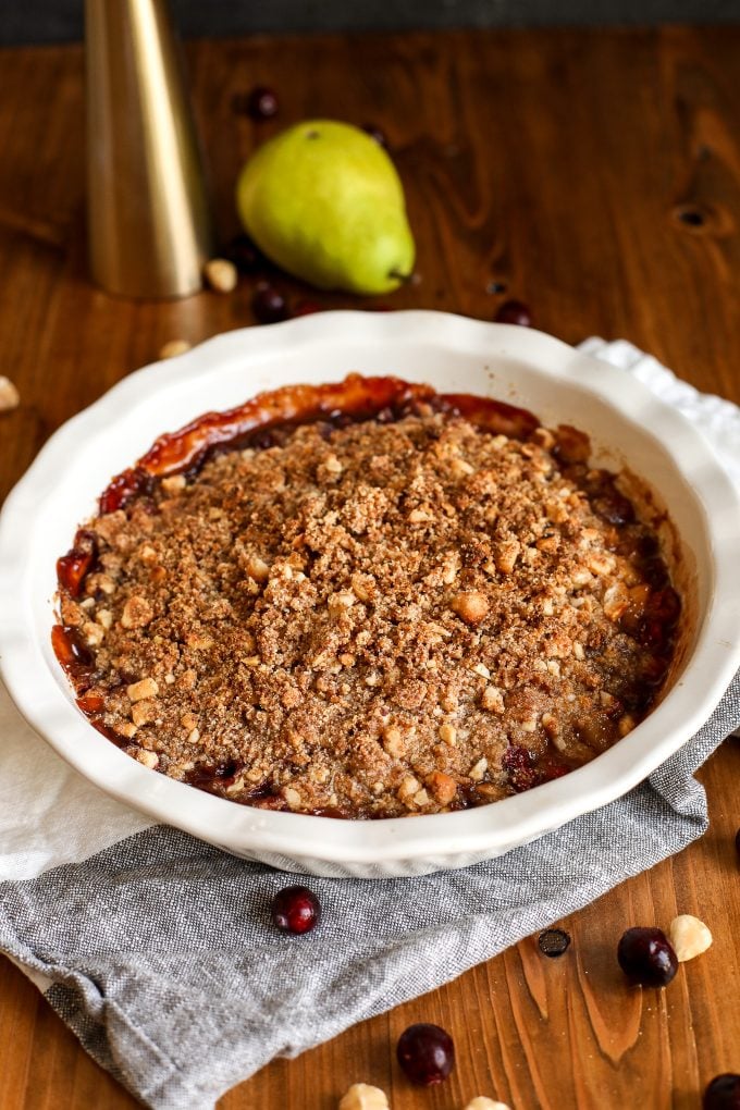 This Pear Cranberry & Hazelnut Crumble is a healthier crumble option using whole wheat flour, almond flour and coconut sugar!