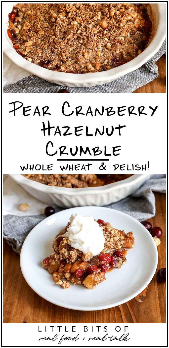 This Pear Cranberry & Hazelnut Crumble is a healthier crumble option using whole wheat flour, almond flour and coconut sugar!