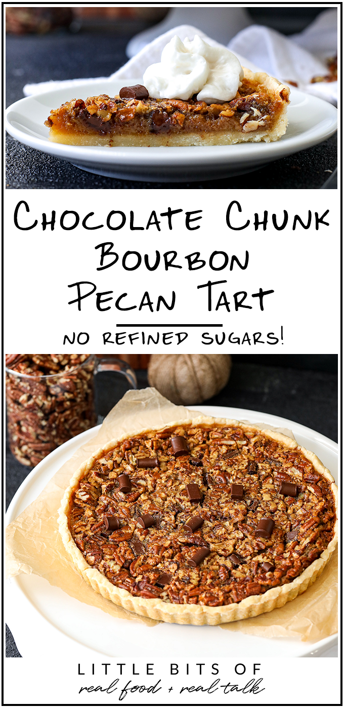 This Chocolate Chunk Bourbon Pecan Tart is a simple and delicious recipe that is gluten free and refined sugar free - no corn syrup!