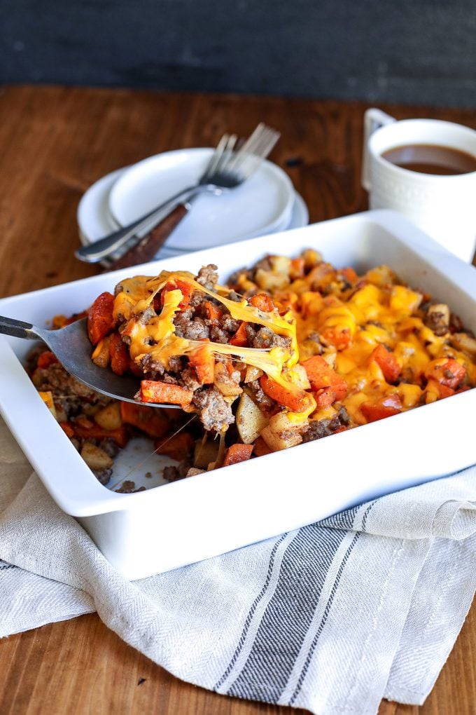 This Sausage, Apple & Sweet Potato Bake is so easy to make and so delicious - perfect for make ahead breakfast or can be dinner too!