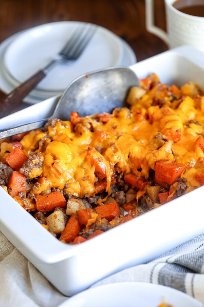 This Sausage, Apple & Sweet Potato Bake is so easy to make and so delicious - perfect for make ahead breakfast or can be dinner too!