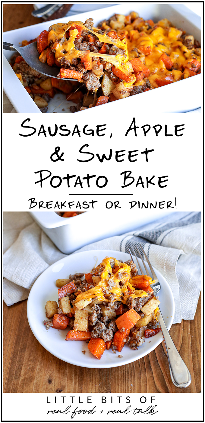 This Sausage, Apple & Sweet Potato Bake is so easy to make and so delicious - perfect for make ahead breakfast or can be dinner too!