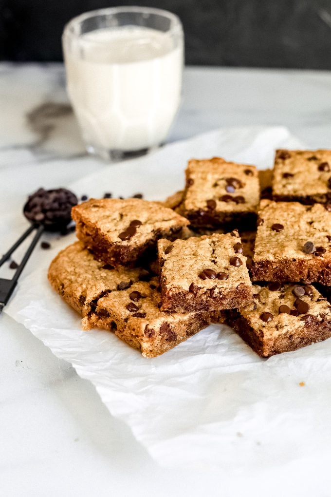 These Gluten Free Chocolate Chip Blondies are easy to make in one bowl and so delicious!