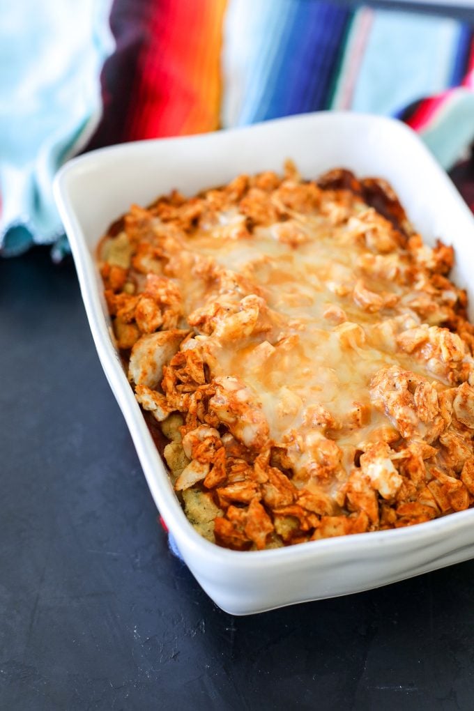 This Gluten Free Tamale Pie is so delicious and easy to make! Perfect for a weeknight with some precooked chicken or carnitas!