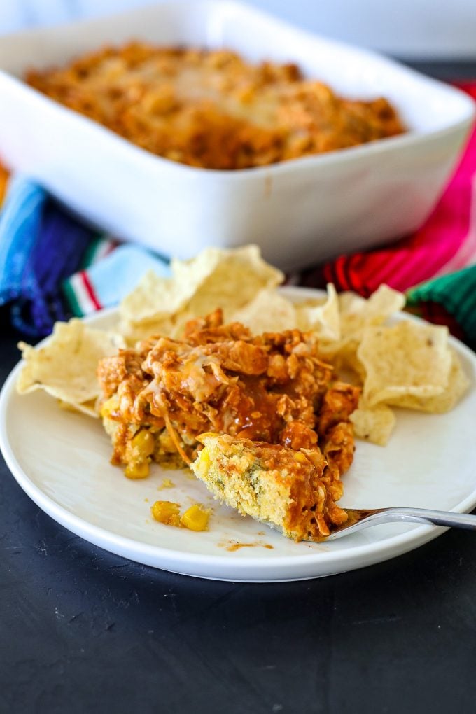 This Gluten Free Tamale Pie is so delicious and easy to make! Perfect for a weeknight with some precooked chicken or carnitas!