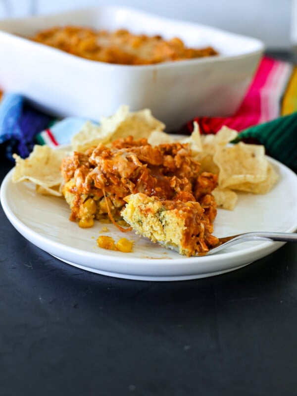 This Gluten Free Tamale Pie is so delicious and easy to make! Perfect for a weeknight with some precooked chicken or carnitas!