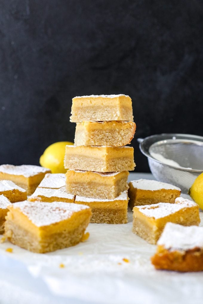 These Healthy Lemon Bars are sweetened with maple syrup and are gluten free thanks to almond and coconut flours!