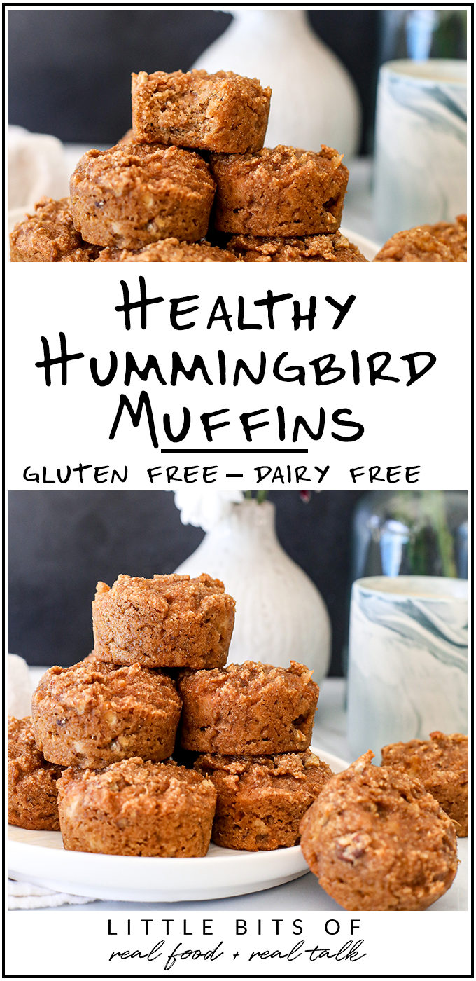 These Healthy Hummingbird Muffins are gluten free, dairy free and packed with applesauce, banana, pineapple, pecans and spices!