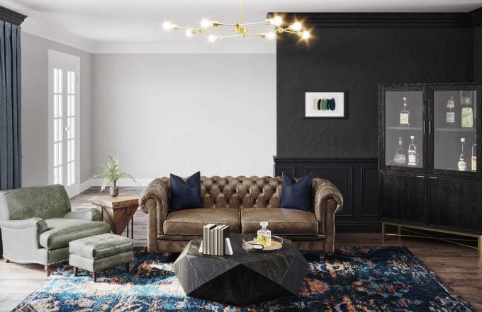 This Moody Cocktail Lounge Living Room turned out amazing and is the perfect spot for the adults in the house to enjoy!