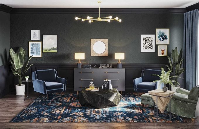 This Moody Cocktail Lounge Living Room turned out amazing and is the perfect spot for the adults in the house to enjoy!