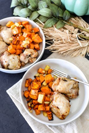 This Air Fryer Maple Roasted Chicken & Sweet Potatoes is so easy and perfect for a busy weeknight!