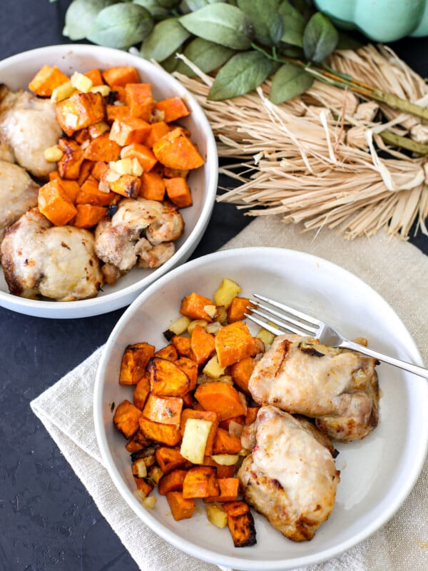 This Air Fryer Maple Roasted Chicken & Sweet Potatoes is so easy and perfect for a busy weeknight!