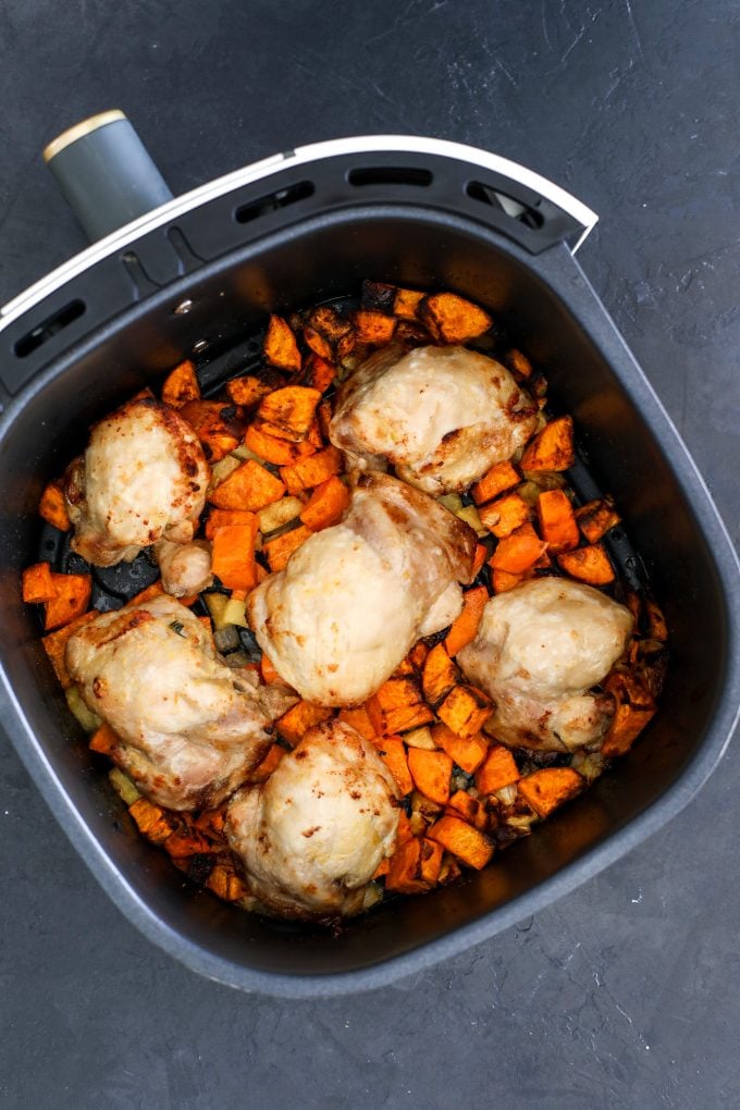 This Air Fryer Maple Roasted Chicken & Sweet Potatoes is so easy and perfect for a busy weeknight!