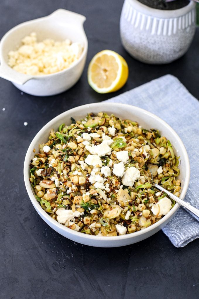 This Charred Brussels Sprouts & Corn Salad is a delicious and simple side dish that uses Seasonal September Produce!