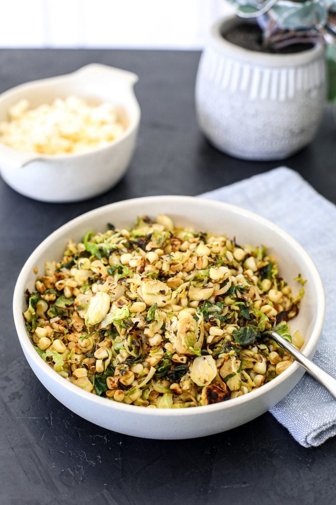 This Charred Brussels Sprouts & Corn Salad is a delicious and simple side dish that uses Seasonal September Produce!