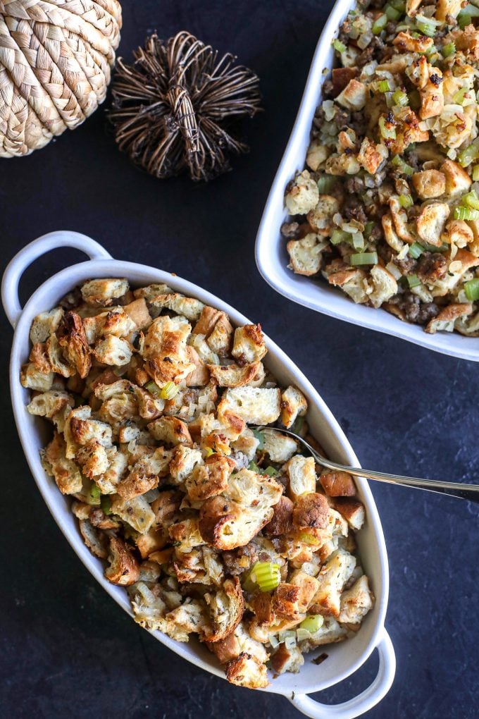 This Croissant Sausage Stuffing is so incredibly simple yet complex enough to be an exciting and delicious part of your thanksgiving spread!