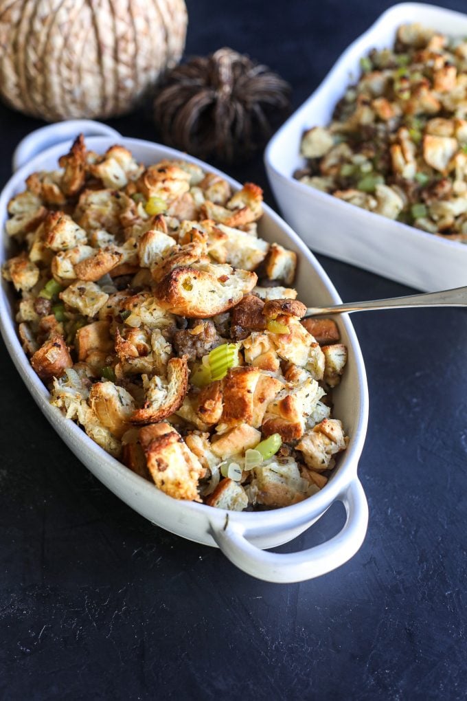 This Croissant Sausage Stuffing is so incredibly simple yet complex enough to be an exciting and delicious part of your thanksgiving spread!