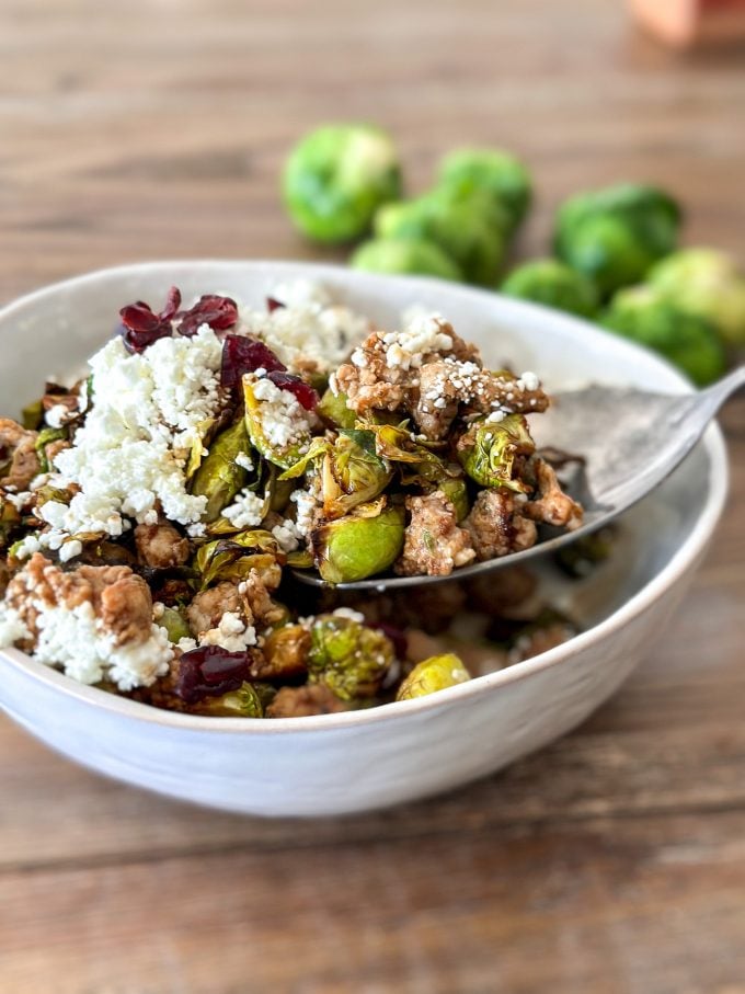 This Balsamic Brussels Sprouts & Sausage dish is a perfect 2 person lunch or dinner or can even be a side dish!