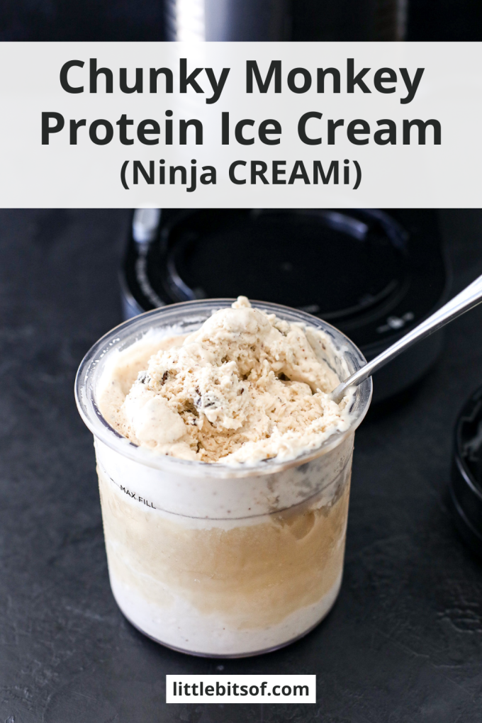 This Chunky Monkey Protein Ice Cream is blended up in the Ninja CREAMi and is so creamy and delicious!
