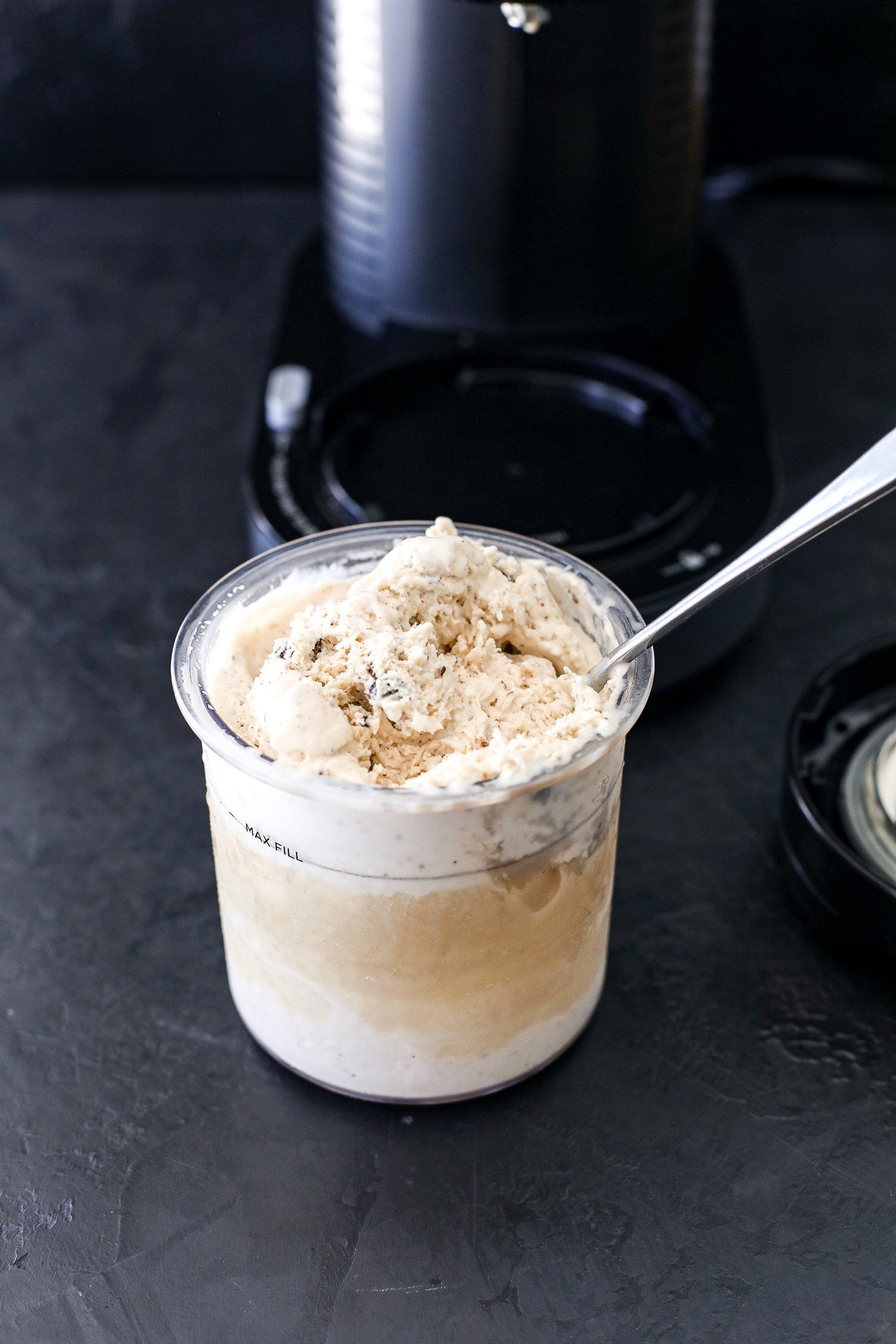 This Chunky Monkey Protein Ice Cream is blended up in the Ninja CREAMi and is so creamy and delicious!