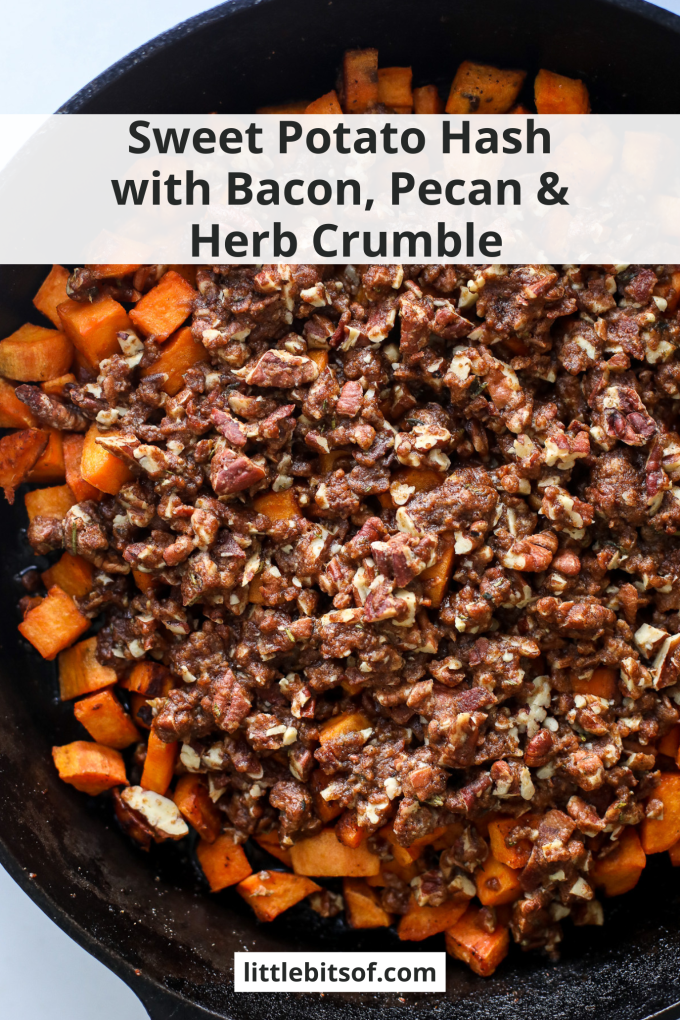 This Sweet Potato Hash with Bacon, Pecan & Herb Crumble is a delicious sweet and savory side dish for thanksgiving or any day of the week!