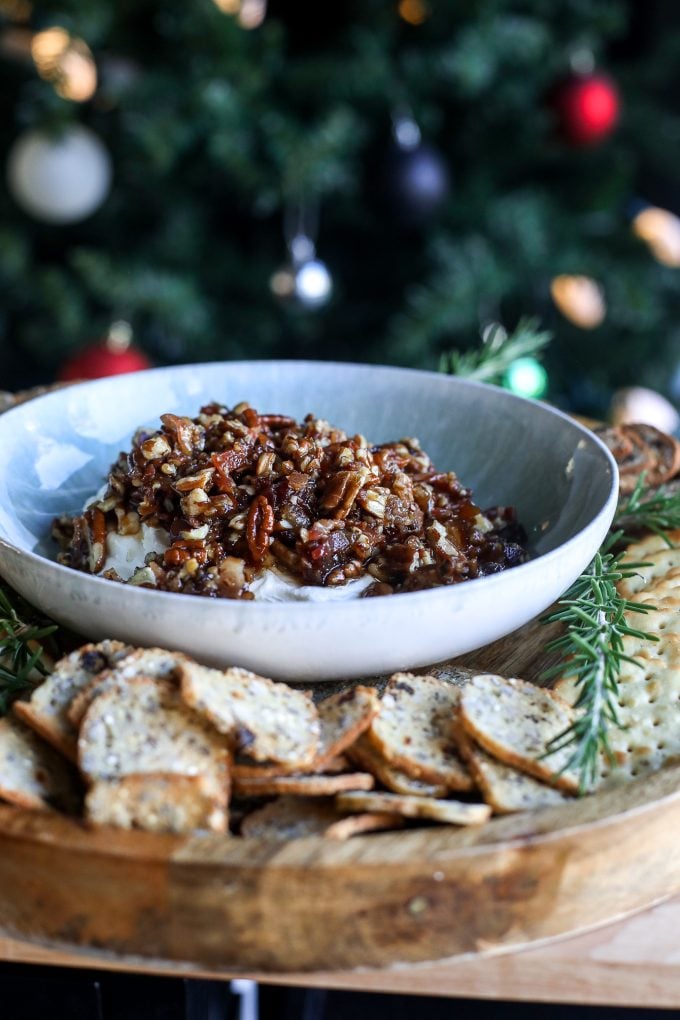 This Whipped Goat Cheese with Bacon & Pecans is the best holiday appetizer, filled with sweet and savory flavor!