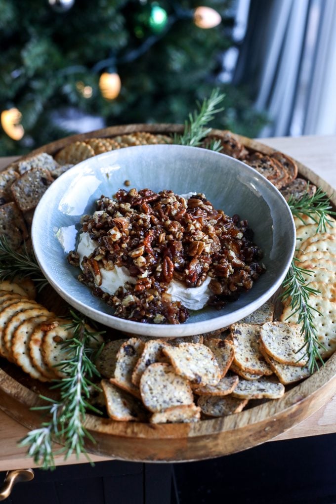 This Whipped Goat Cheese with Bacon & Pecans is the best holiday appetizer, filled with sweet and savory flavor!