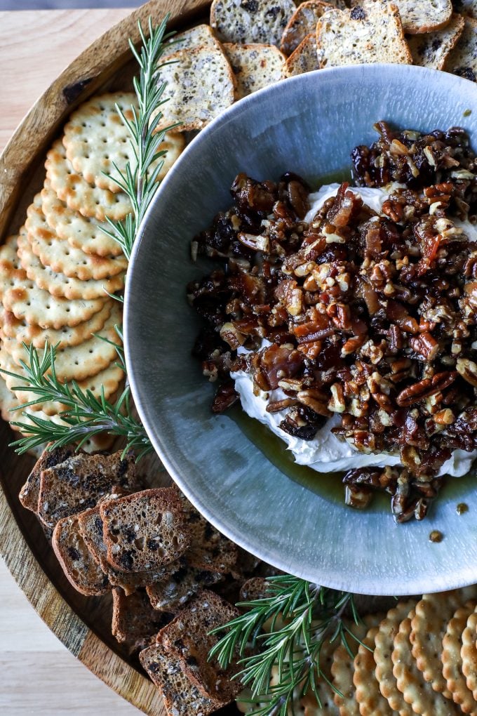 This Whipped Goat Cheese with Bacon & Pecans is the best holiday appetizer, filled with sweet and savory flavor!