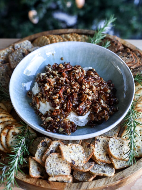 This Whipped Goat Cheese with Bacon & Pecans is the best holiday appetizer, filled with sweet and savory flavor!