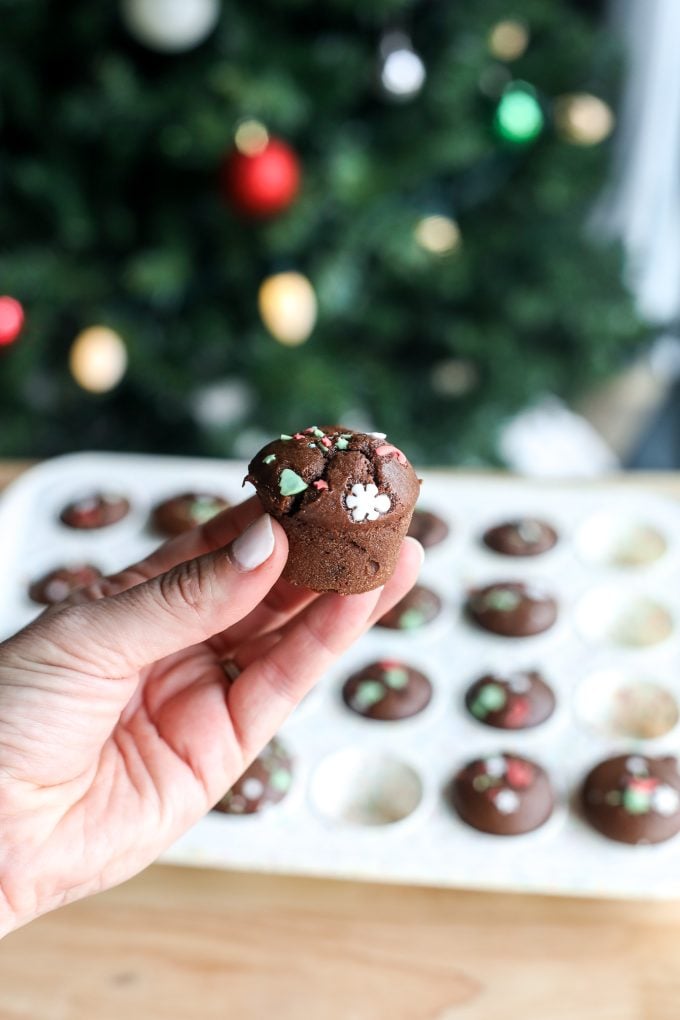 These Chocolate Peppermint Protein Muffins are the perfect healthier muffin for the holiday season!