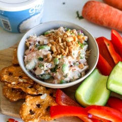 This High Protein Thai Chicken Dip is perfect for an appetizer or lunch with 30 grams of protein in 1/2 cup.