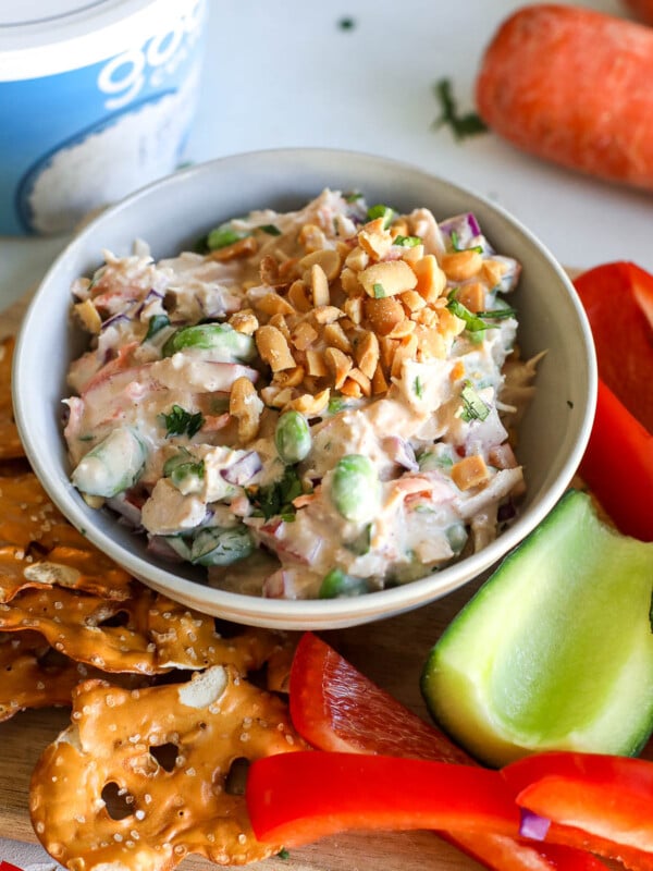 This High Protein Thai Chicken Dip is perfect for an appetizer or lunch with 30 grams of protein in 1/2 cup.