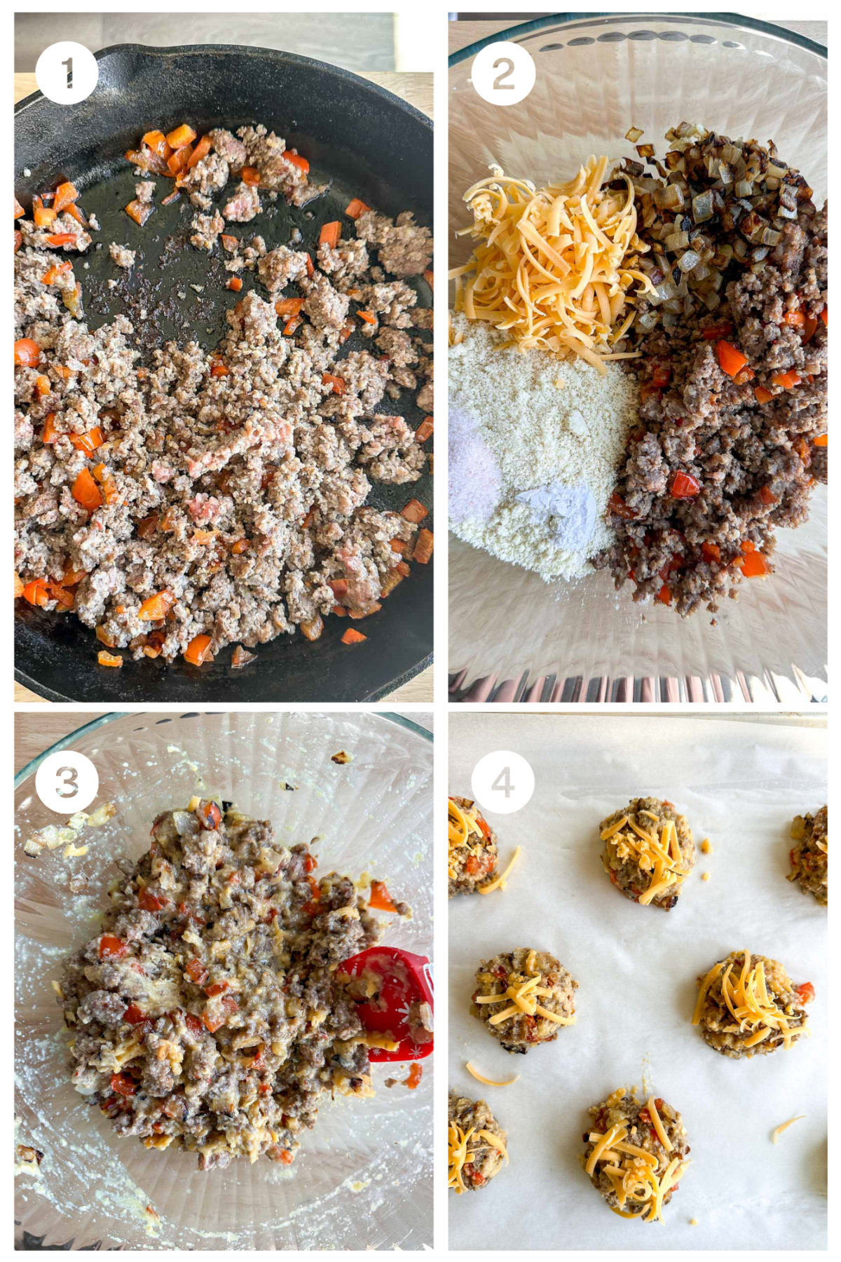 Enjoy protein-packed, gluten-free Caramelized Onion & Sausage Egg Biscuits for a savory breakfast treat!