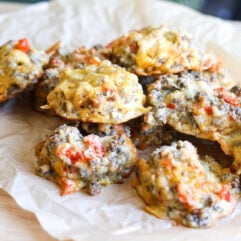 Enjoy protein-packed, gluten-free Caramelized Onion & Sausage Egg Biscuits for a savory breakfast treat!
