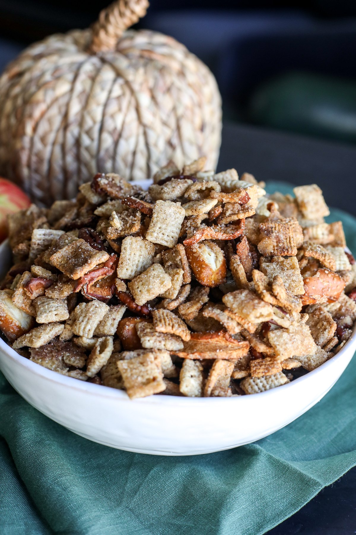 Crunchy Apple Cinnamon Chex Mix made with sweet cinnamon, apple chips, and Chex cereal for the perfect fall snack!