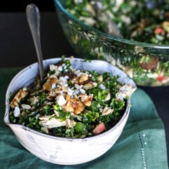Crisp chopped kale Waldorf salad with apples, walnuts, and a tangy dressing. A healthy twist on the classic recipe!